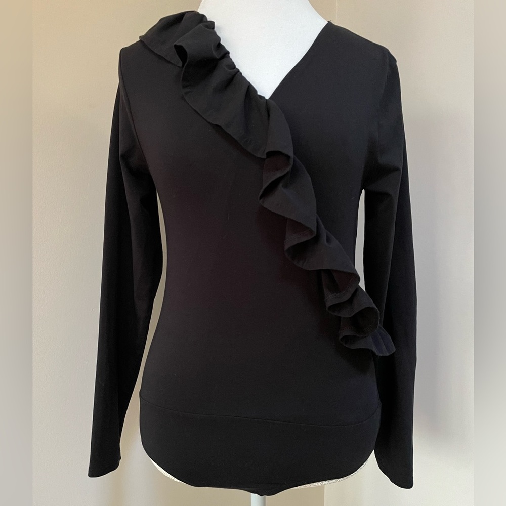 J. Crew Ruffle Front Wrap Black Long Sleeve Bodysuit, Size Medium